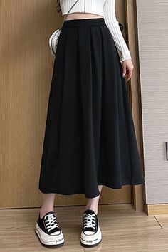 High Waist A-Line Long Pleated Skirts – Tomscloth Aline Long Skirts, Pleated Knee Length Skirt, Japanese Skirts Long, A Line Pleated Skirt, A Line Skirts Outfits, Korean Style Skirt Long, Long Skirt Outfits School, A-line Bottoms With Elastic Waistband In Black, A-line Black Bottoms With Elastic Waistband