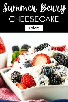 a white bowl filled with berries and cream cheesecake salad on top of a red checkered cloth