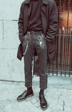 Goth Outfits Men, Summer Goth Outfits, Formal Aesthetic, Black And White Striped Pants, Jacket Belt, Striped Trousers, Summer Outfits Women Over 40, Black Suit Jacket