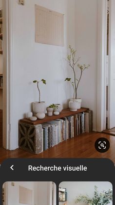 three potted plants sit on top of bookshelves in a room with hardwood floors