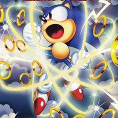 sonic the hedgehog is flying through the air with rings around his neck and mouth