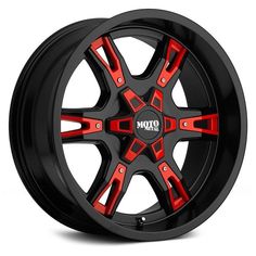 two black and red wheels with spokes are shown in this image, one is on the