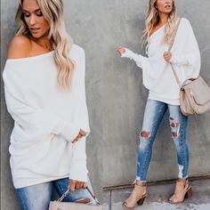 Oversized Fit S 4-6 M 8-20 L 12-14 White Sweater Women, Off White Sweater, White Oversized Sweater, Velour Tops, Dolman Sleeve Sweater, Pink Bodycon Dresses, Cold Shoulder Sweater, Off Shoulder Sweater, Cotton Pullover