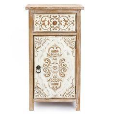 an old wooden cabinet with ornate carvings on the doors and drawer drawers, painted white