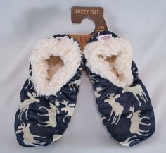 Classic style is all your feet need, especially with this kind of comfort! This pair of Blue Classic Moose fuzzy feet slippers have a thick, fleecy lining on the inside and a soft fleece on the outside, these slippers are the very definition of "comfy!" So when it's time to tread softly, look no further than your Fuzzy Feet! (Non-skid on sole.) Adult size: L/XL (7-9) Feet Slippers, Fuzzy Slippers, Moose, Classic Style, Slippers, Blue