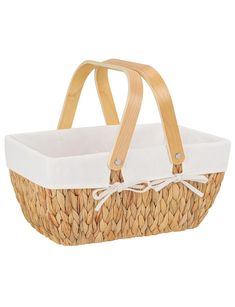 a white and brown basket with handles