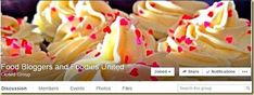 an image of a facebook page for food bloggers and roosties united, with cupcakes in the background