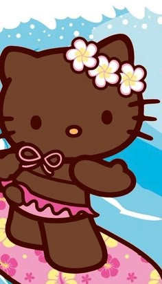 an image of a hello kitty on a surfboard with flowers in it's hair