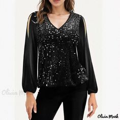 Olivia Mark - Stylish Off-Shoulder Blouse with Embellished Patchwork and Lantern Sleeves Split Blouse, Sequins Blouse, Lantern Sleeve Top, Lantern Sleeved Blouses, Pullover Mode, Rave Outfit, Long Sleeve Sequin, Womens Long Sleeve Shirts, Loose Blouse