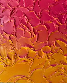 an abstract painting with red and yellow paint on the bottom half of it, as well as orange and pink colors