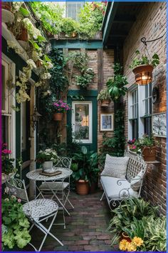 an alleyway with potted plants and chairs on the side, surrounded by greenery