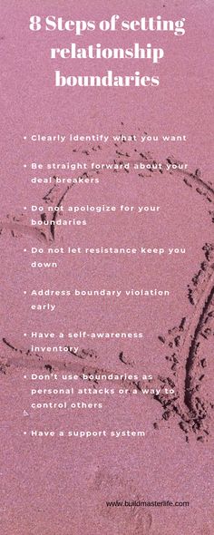 the words 8 steps of setting relationship boundariess are written in sand on a pink background