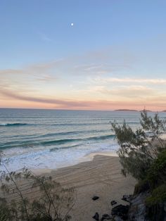 the sun is setting over the ocean with waves coming in to shore and trees on the beach