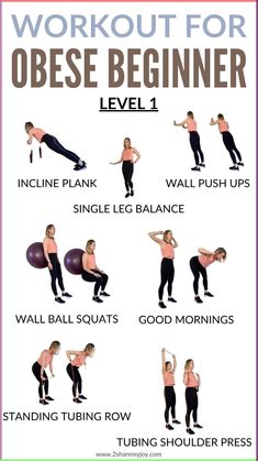 an exercise poster with the words workout for obese beginner level 1, including exercises and