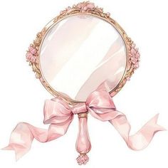 a mirror with a pink ribbon around it and a bow on the side, in front of a white background