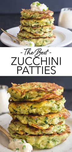 zucchini patties stacked on top of each other and topped with sour cream