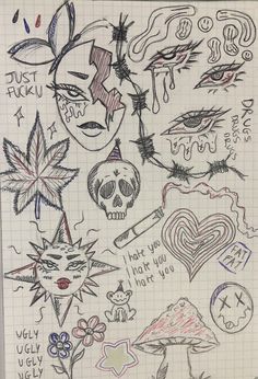 a notebook with some drawings on it and writing in the bottom right hand corner that says i love you