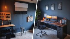 two pictures of a home office with blue walls and white carpeted flooring, one is