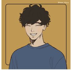 a drawing of a young man with curly hair and blue shirt smiling at the camera