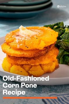 old - fashioned corn pome recipe on a plate with spinach and other food