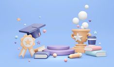 a blue background with books, stars and a graduation cap on top of it is surrounded by other objects