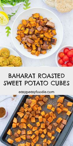 baked sweet potato cubes on a baking sheet with tomatoes and lettuce in the background