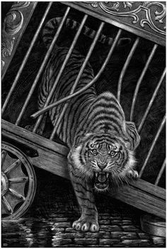 a black and white drawing of a tiger walking in front of a cage with its mouth open