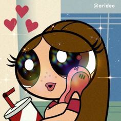 a cartoon girl holding a drink and looking at her cell phone with hearts on it