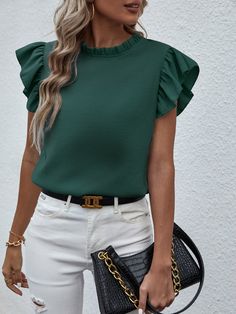 Dark Green Elegant  Cap Sleeve Polyester Plain Top Embellished Slight Stretch Summer Women Tops, Blouses & Tee Women Suit Ideas, Outfit Ideas Student, Cap Sleeve Blouse, Cap Sleeves Blouse, Ruffle Sleeve Blouse, Maxi Dress Formal, Women Blouses, Neck Ruffle, Work Clothes