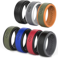 six different colored rings with black, red, blue, green and orange in them