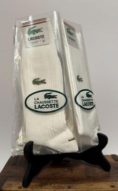 Vintage 80's La Chaussette LACOSTE 4 Pairs of White Men's Alligator Logo Socks Still in Packaging, 100% cotton, no size listed, but do look to be men's large, mint condition. Sock Packaging, Alligator Logo, Branding Packaging, Casual Socks, Brand Packaging, Socks And Hosiery, Alligator, Hosiery, Mint Condition