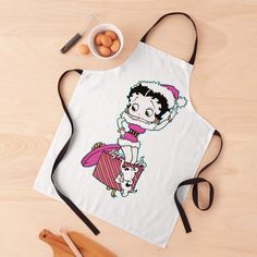 a white apron with an image of a cartoon character on it