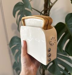 a hand holding a toaster shaped like a clock on it's side with a plant in the background