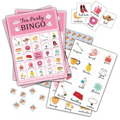 tea party bingo game with matching cards and stickers on the front, pink background