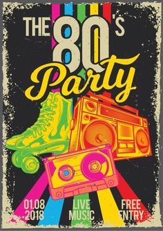 the 80's party poster with an old record player and boombox on it