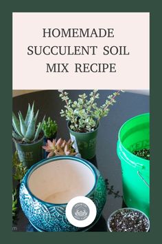 a table topped with potted plants next to a green bucket filled with dirt and soil