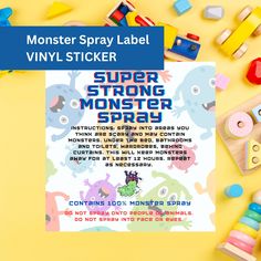 the monster sticker is next to some toys on a yellow background with text that reads,'monster sticker super strong monster squad '