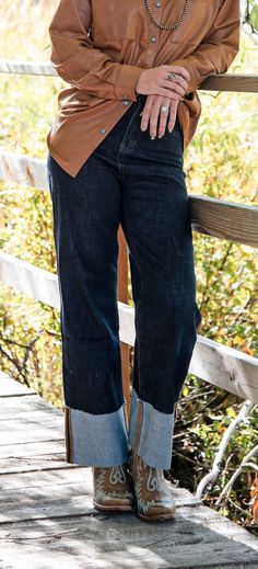 Straight leg dark wash cuffed jeans Ankle length Premium denim Small- 2/4 Medium- 6/8 Large- 10/12 Western Cuffed Jeans, Wide Leg Cuffed Jeans, Cuffed Jeans Outfit, Red Shoes Outfit, Ankle Length Jeans, Cowgirl Chic, Cuffed Jeans, Leg Cuffs, Red Shoes