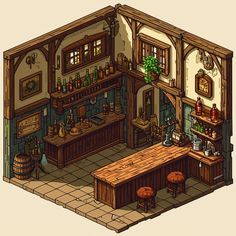 an old - fashioned kitchen is depicted in this low polygonal model, with wooden cabinets and counter tops