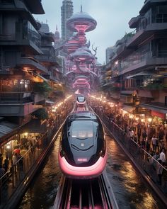 a train traveling through a city with tall buildings on both sides and lots of people standing around