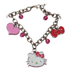 a hello kitty charm bracelet with pink and red charms on it's link chain