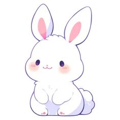 a white rabbit with pink ears sitting down