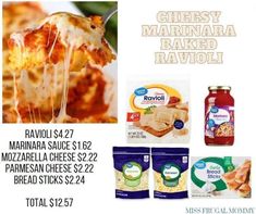 an advertisement for cheesy marinara baked ravioli and margheri sauce