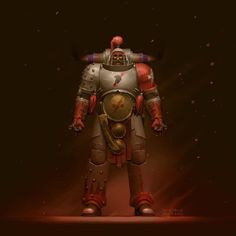 an image of a robot that is standing in the middle of some dark room with red lights