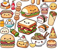 an assortment of food and drinks with faces drawn on the side, including hamburgers