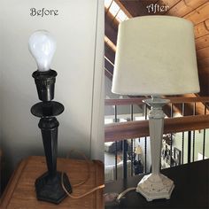 an old lamp turned into a table lamp before and after it's reupholstered