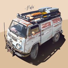 an old van with surfboards on the roof is shown in this artistic painting style