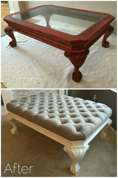 an old coffee table is transformed into a bench with glass top and tufted legs