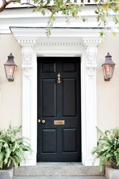 a black front door with two planters on either side and one light above it