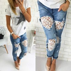 two pictures of a woman in ripped jeans with lace on the side and one showing her phone